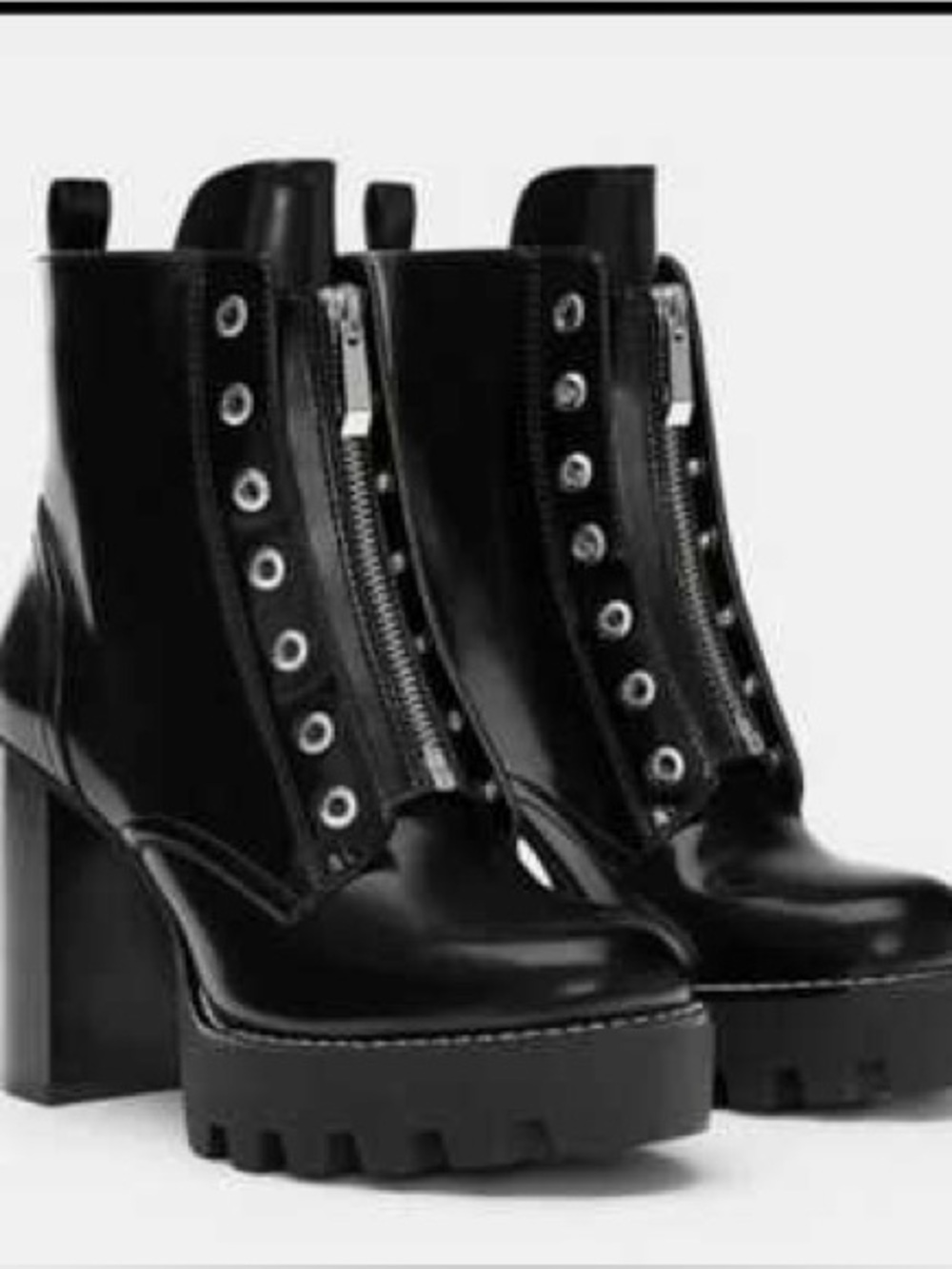 Zara Black Chunky Lug Sole  Ankle Boots with Front Zip